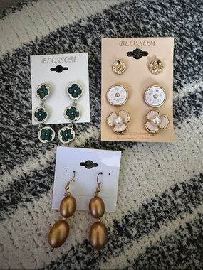 Blossom Set of 3 Earring Sets - Green, Pink, Gold